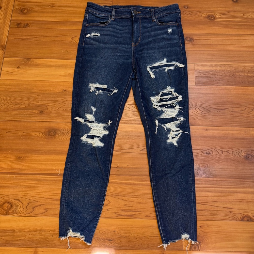 American Eagle Next Level Stretch High Rise Jegging Distressed Dark Wash 12 14